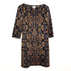 MAGGY L LONDON Black Mustard Blue Retro Geometric Floral 3/4 Sleeve Shift Dress
